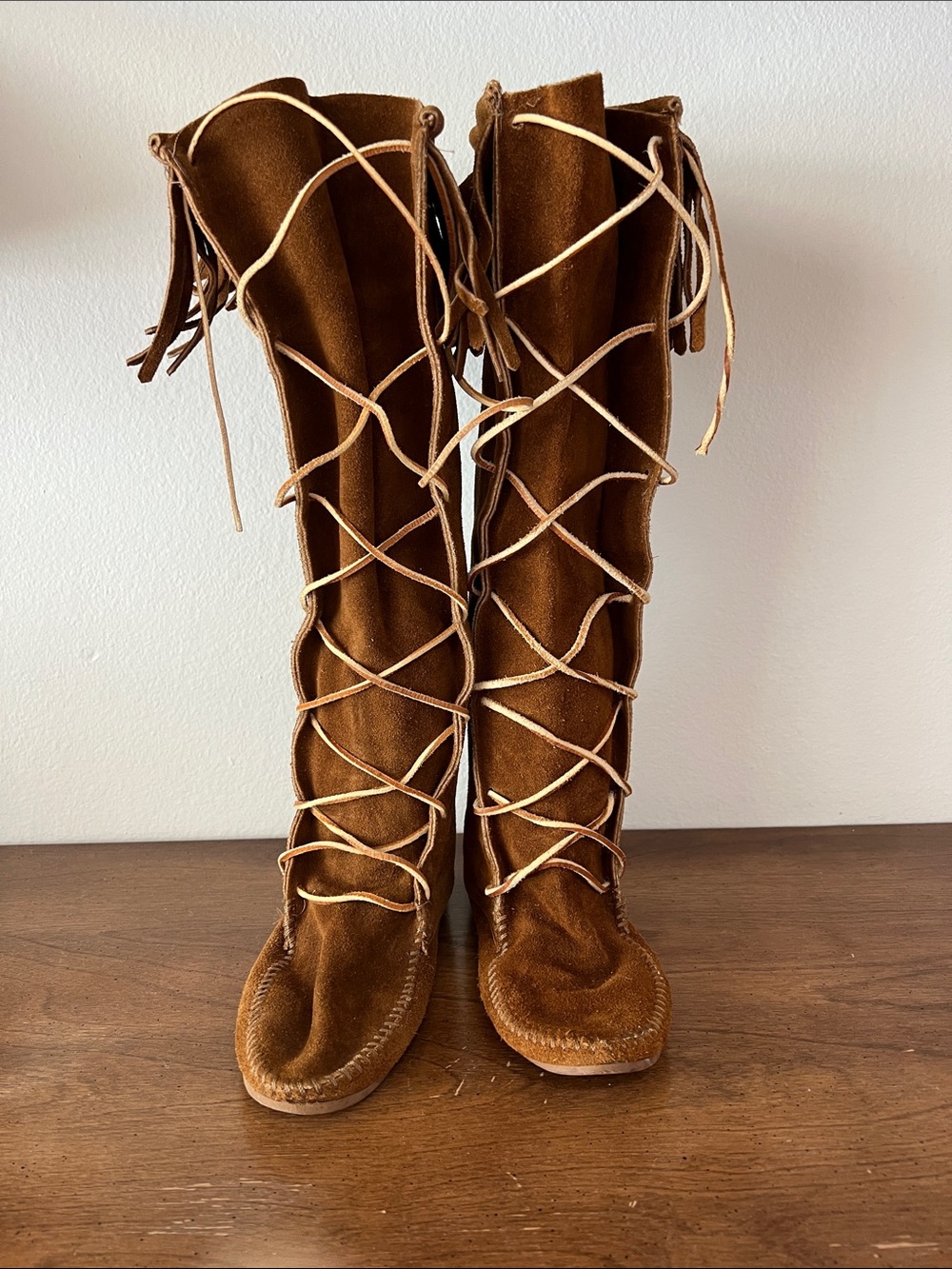 Tall Lace-Up Suede Moccasin Boots in Brown